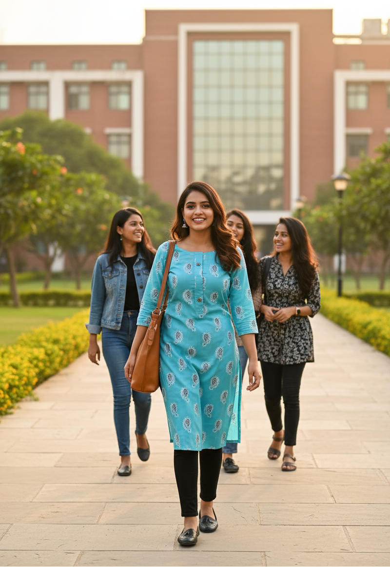 Woman in a blue dress walking on a path with friends in an outdoor setting