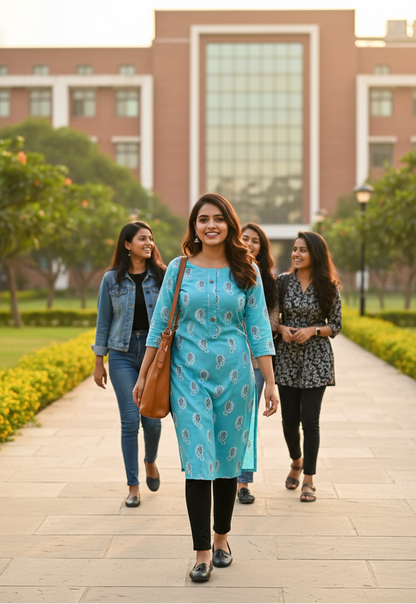 Woman in a blue dress walking on a path with friends in an outdoor setting