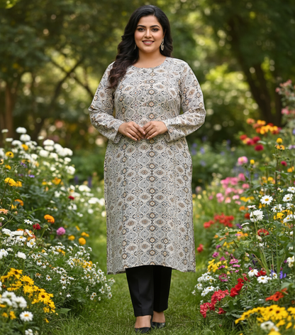Woman in a floral dress standing in a garden with flowers