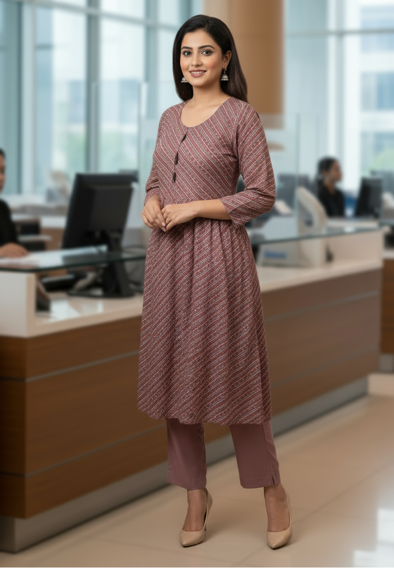 Woman in a patterned dress standing in an office setting