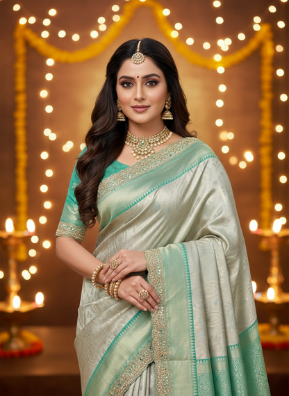 Woman in a traditional saree with decorative jewelry against a festive background with lights and candles.