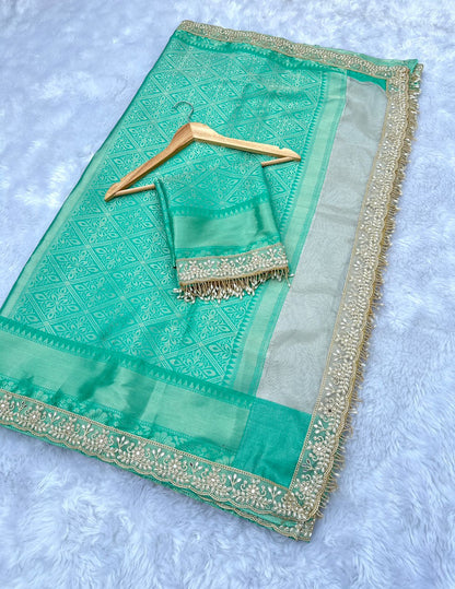 Sea Green Banarasi Brocade-Soft Silk Saree with Premium Lace Work and Tassels