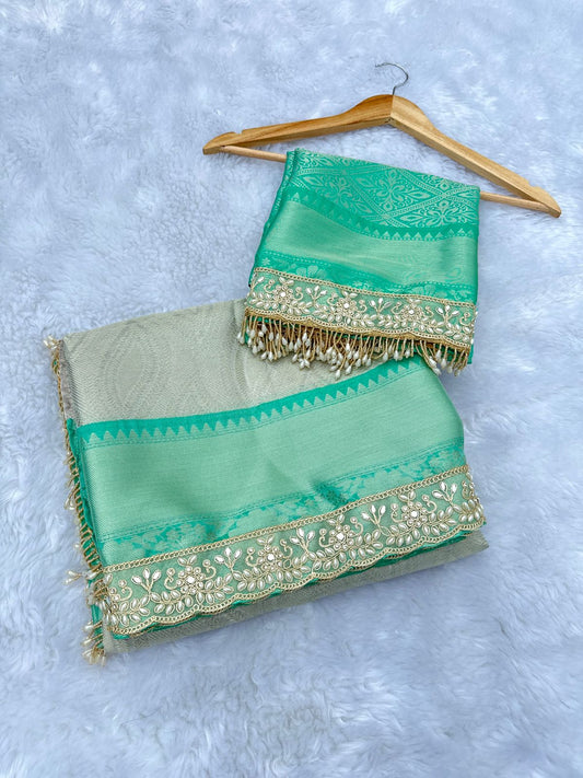 Sea Green Banarasi Brocade Soft Silk Saree with Premium Lace Work and Tassels
