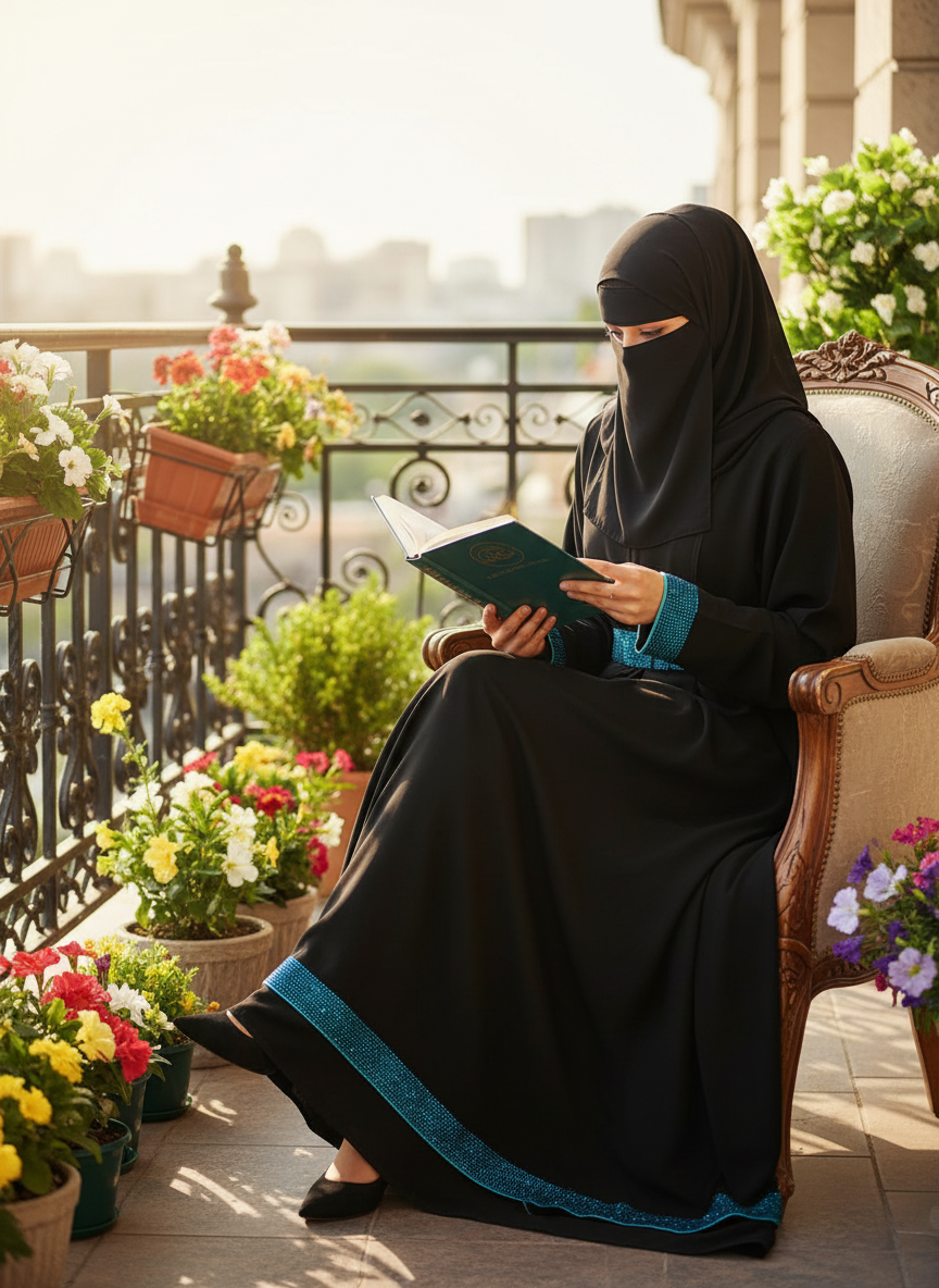 Black Umbrella Style Burqa with Premium Blue Stone Work in Nida Fabric-Woman in black abaya reading a book on a balcony with flowers and plants.