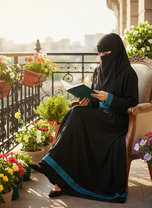 Black Umbrella Style Burqa with Premium Blue Stone Work in Nida Fabric-Woman in black abaya reading a book on a balcony with flowers and plants.