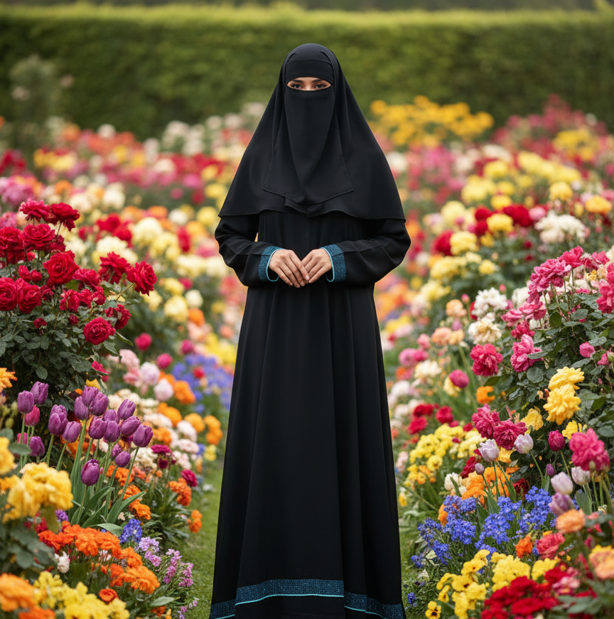 Black Umbrella Style Burqa with Premium Blue Stone Work in Nida Fabric-Person wearing a black niqab standing in a garden with colorful flowers