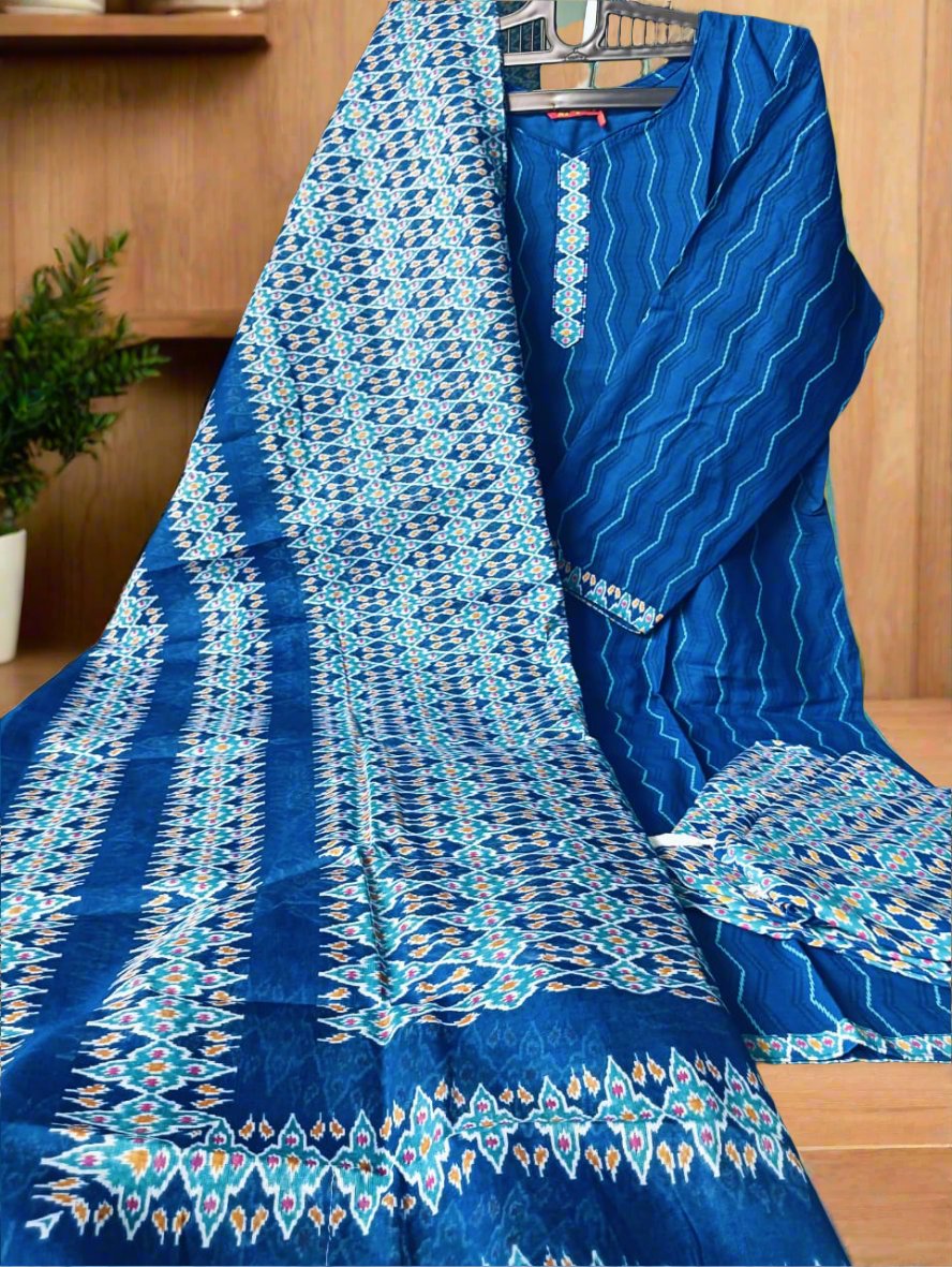 Pranjul Brand Cotton 3PC Set: Dark Blue Top, Blue Bottom & Dupatta