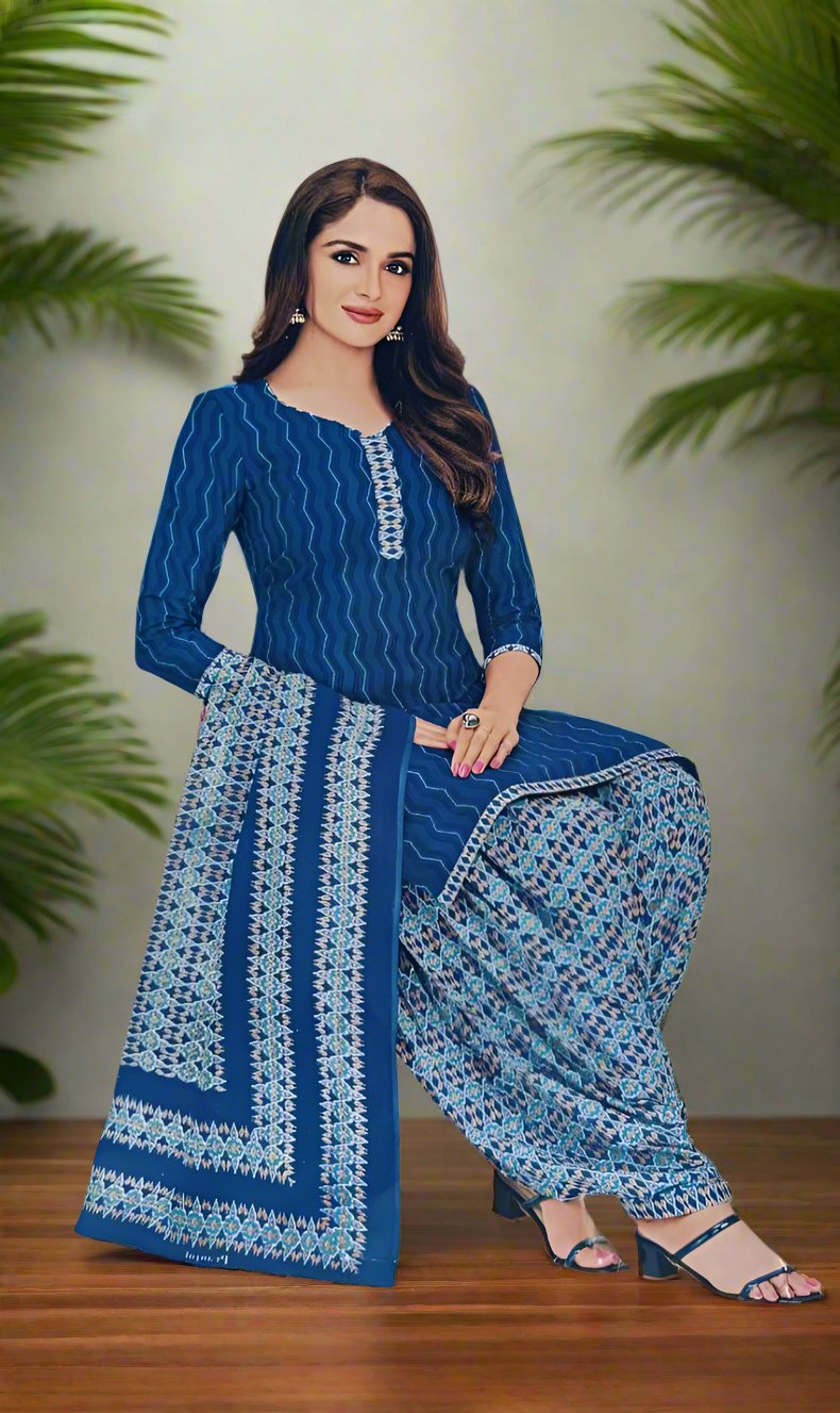 Pranjul Brand Cotton 3PC Set: Dark Blue Top, Blue Bottom & Dupatta