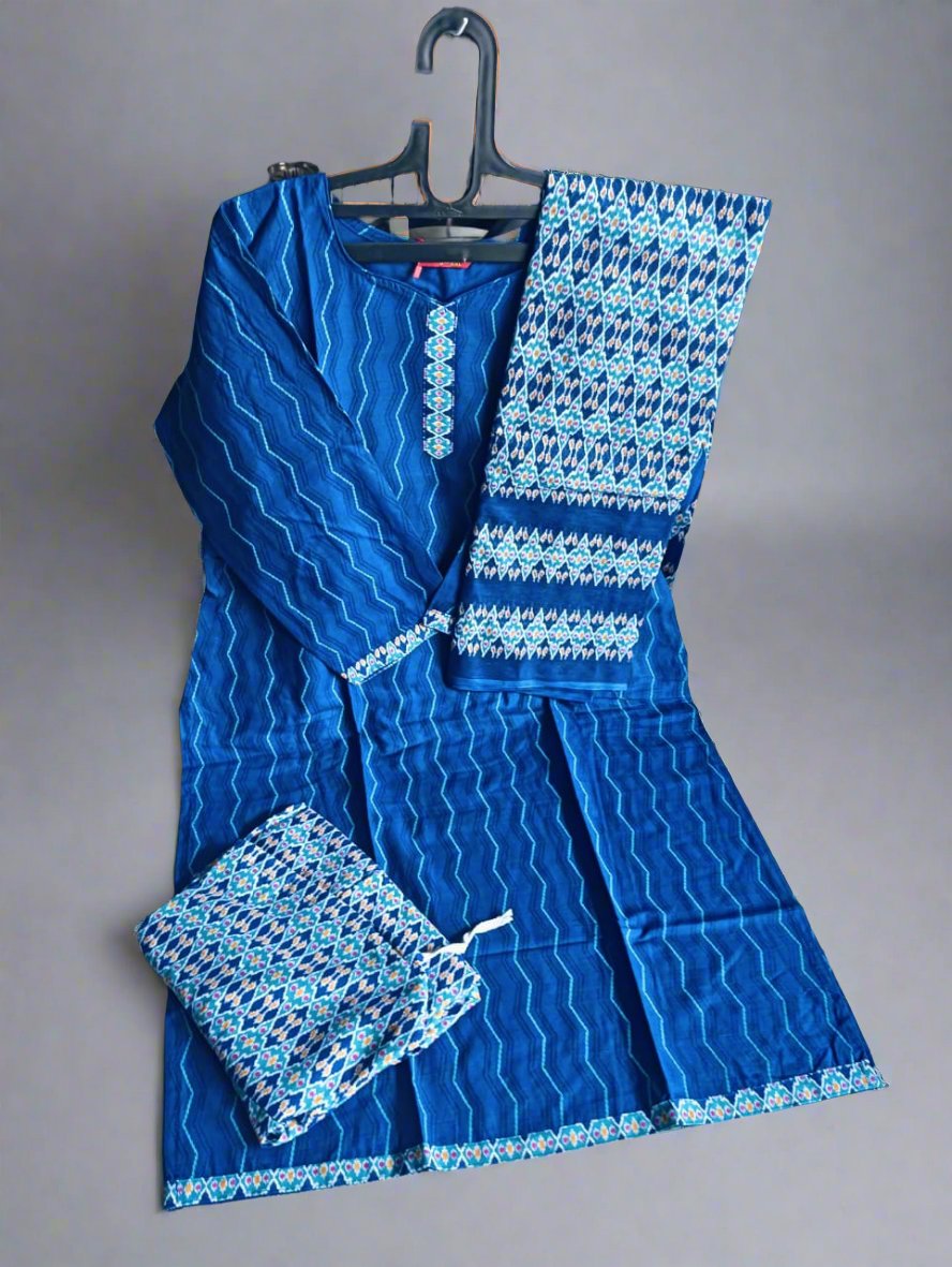 Pranjul Brand Cotton 3PC Set: Dark Blue Top, Blue Bottom & Dupatta