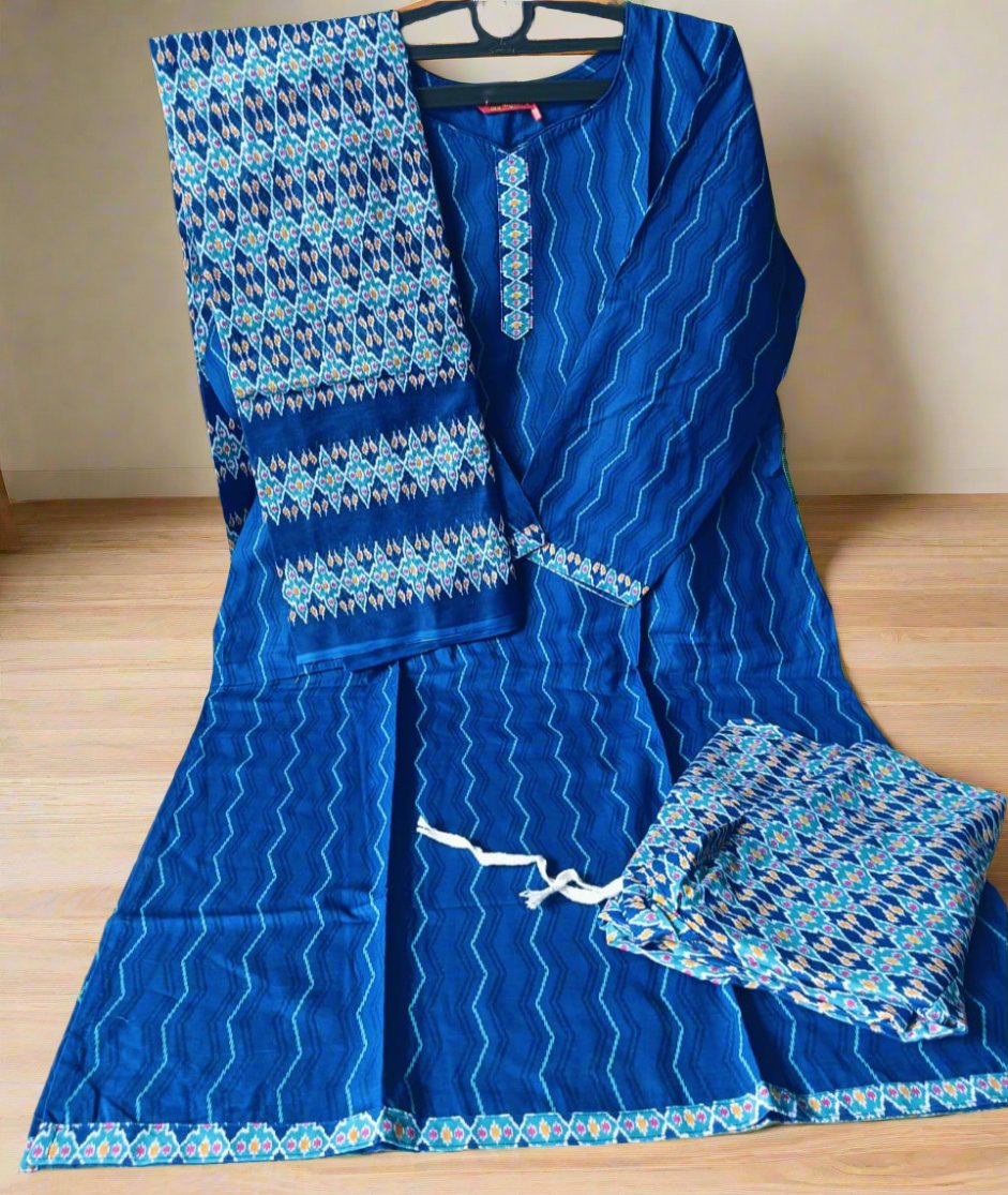 Pranjul Brand Cotton 3PC Set: Dark Blue Top, Blue Bottom & Dupatta