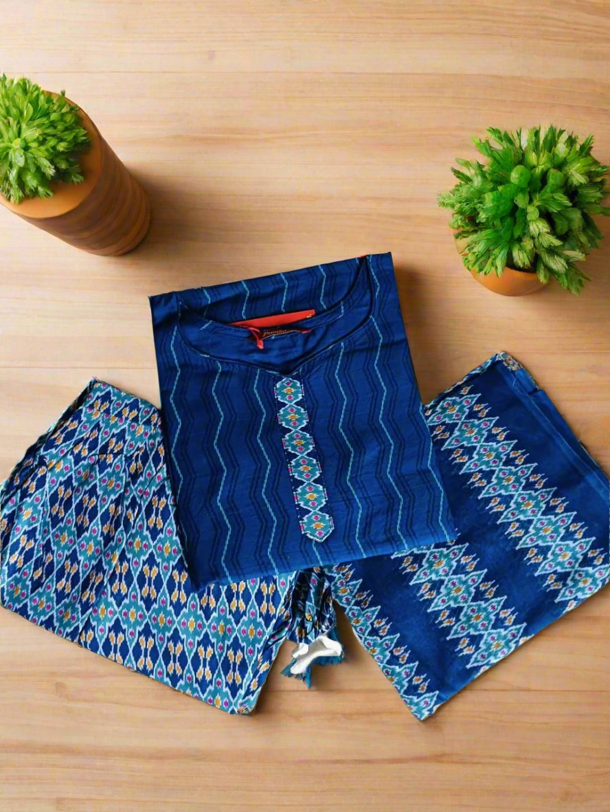 Pranjul Brand Cotton 3PC Set: Dark Blue Top, Blue Bottom & Dupatta