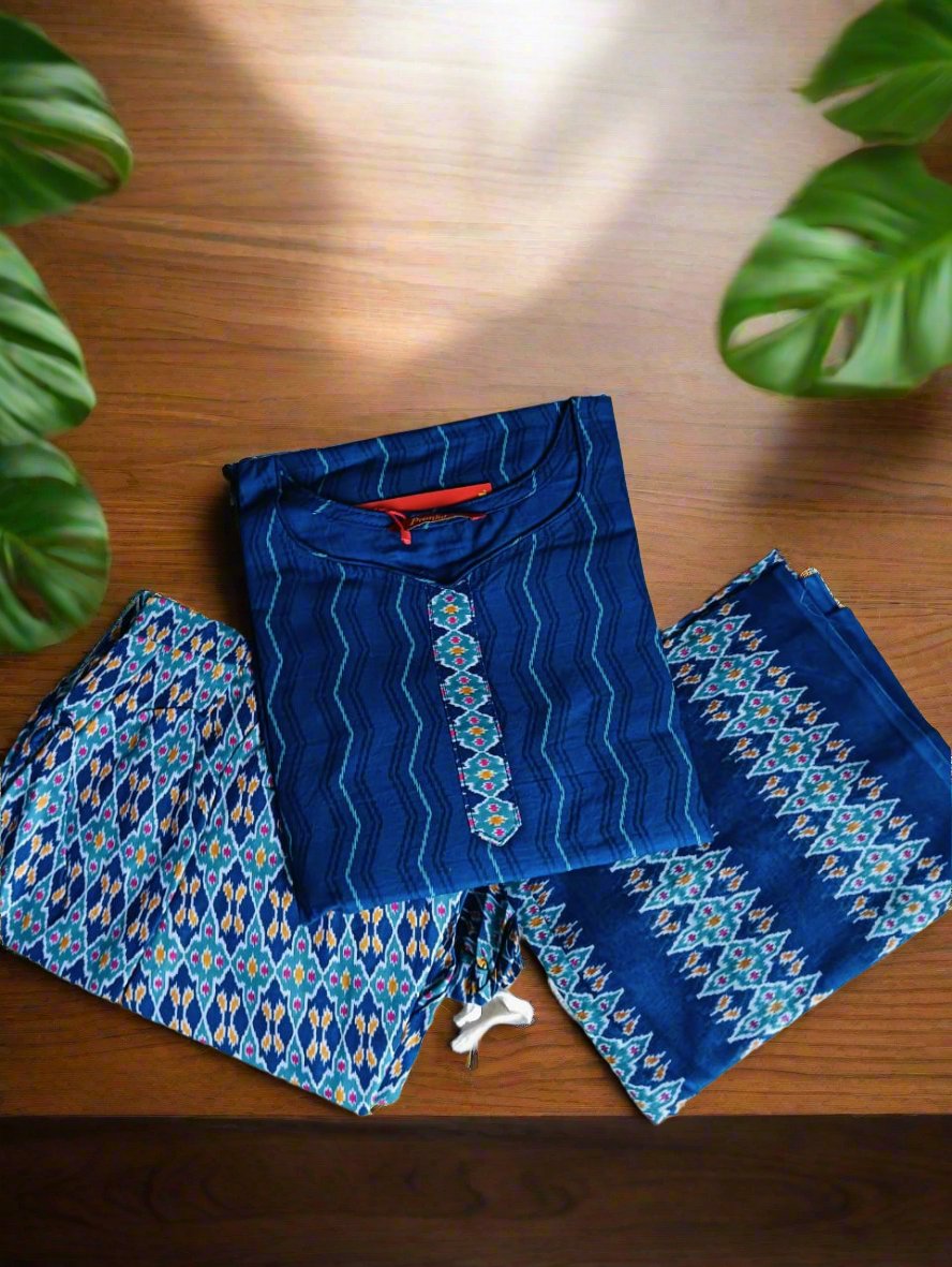 Pranjul Brand Cotton 3PC Set: Dark Blue Top, Blue Bottom & Dupatta