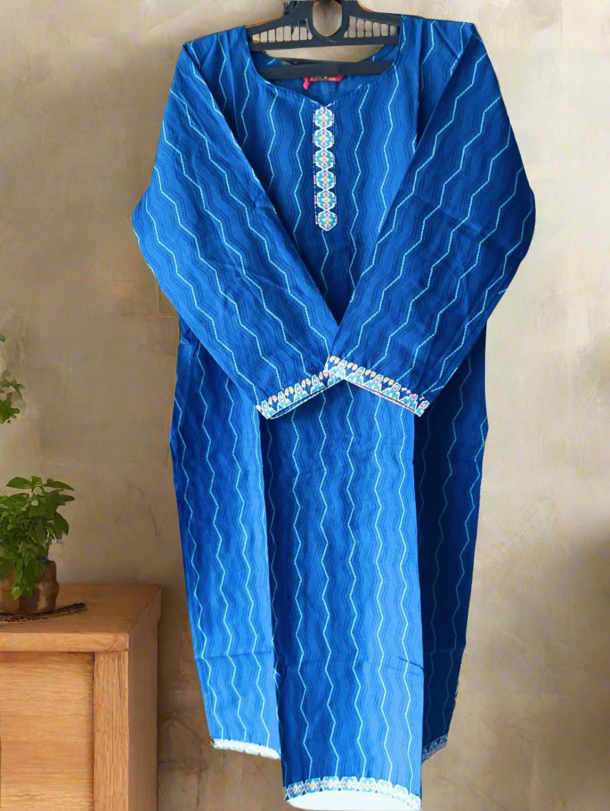 Pranjul Brand Cotton 3PC Set: Dark Blue Top, Blue Bottom & Dupatta