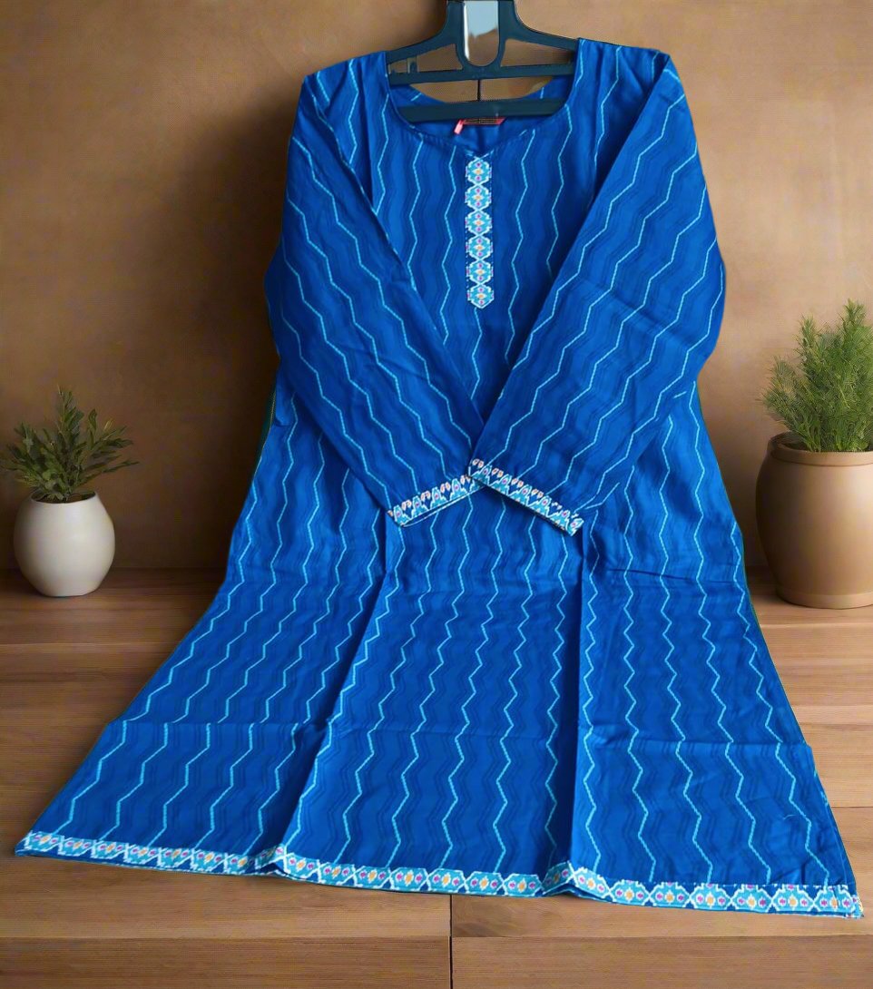 Pranjul Brand Cotton 3PC Set: Dark Blue Top, Blue Bottom & Dupatta