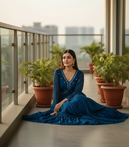 Blue River Anarkali Long Gown - Mirror Work Magic