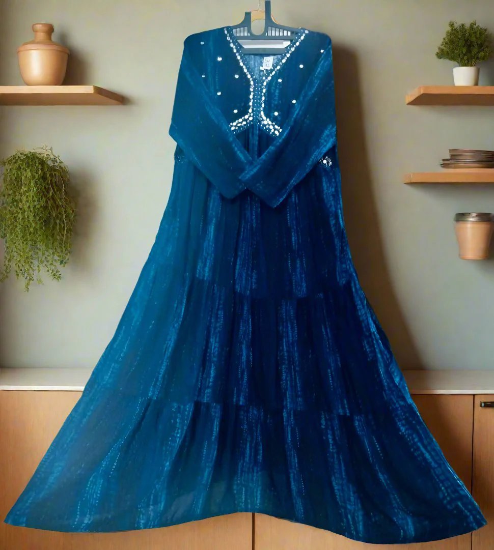 Blue River Anarkali Long Gown - Mirror Work Magic