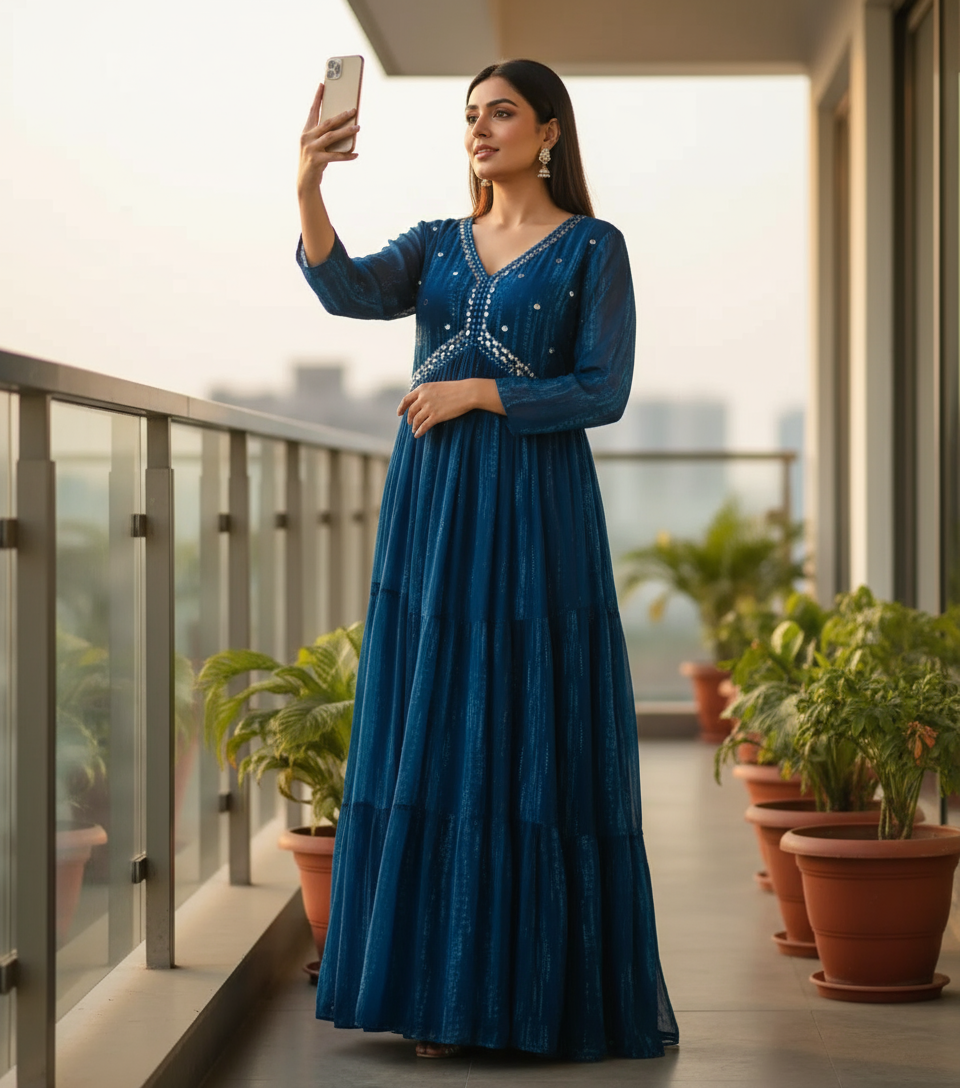 Woman in a blue dress taking a selfie on a balcony with plants.