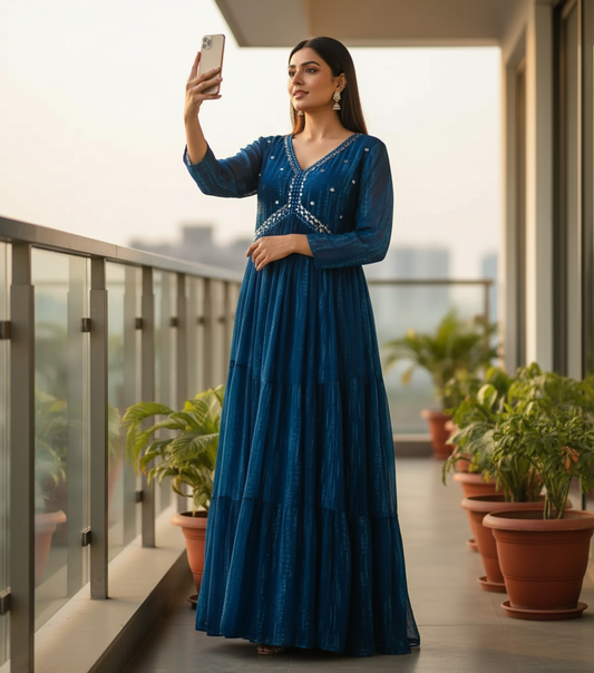 Woman in a blue dress taking a selfie on a balcony with plants.