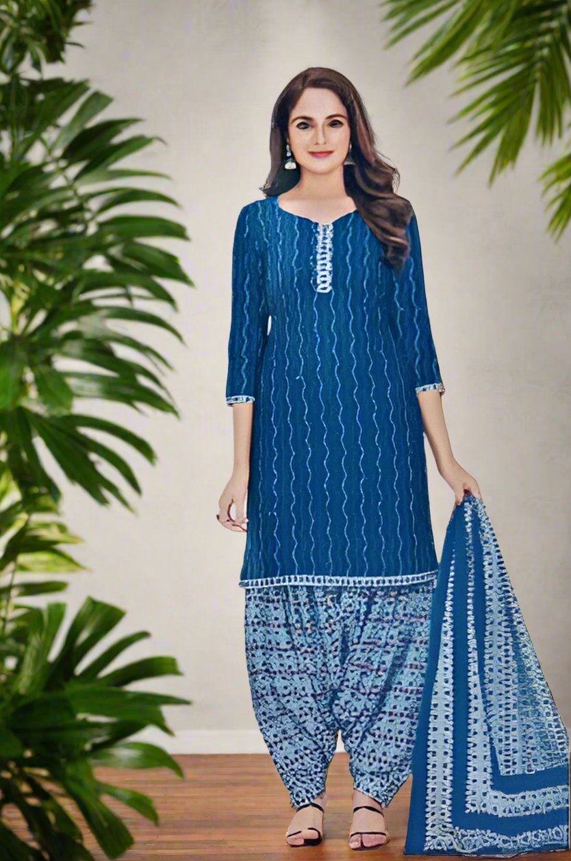 Pranjul Brand Cotton 3PC Set: Dark Blue Top, Blue Bottom & Dupatta