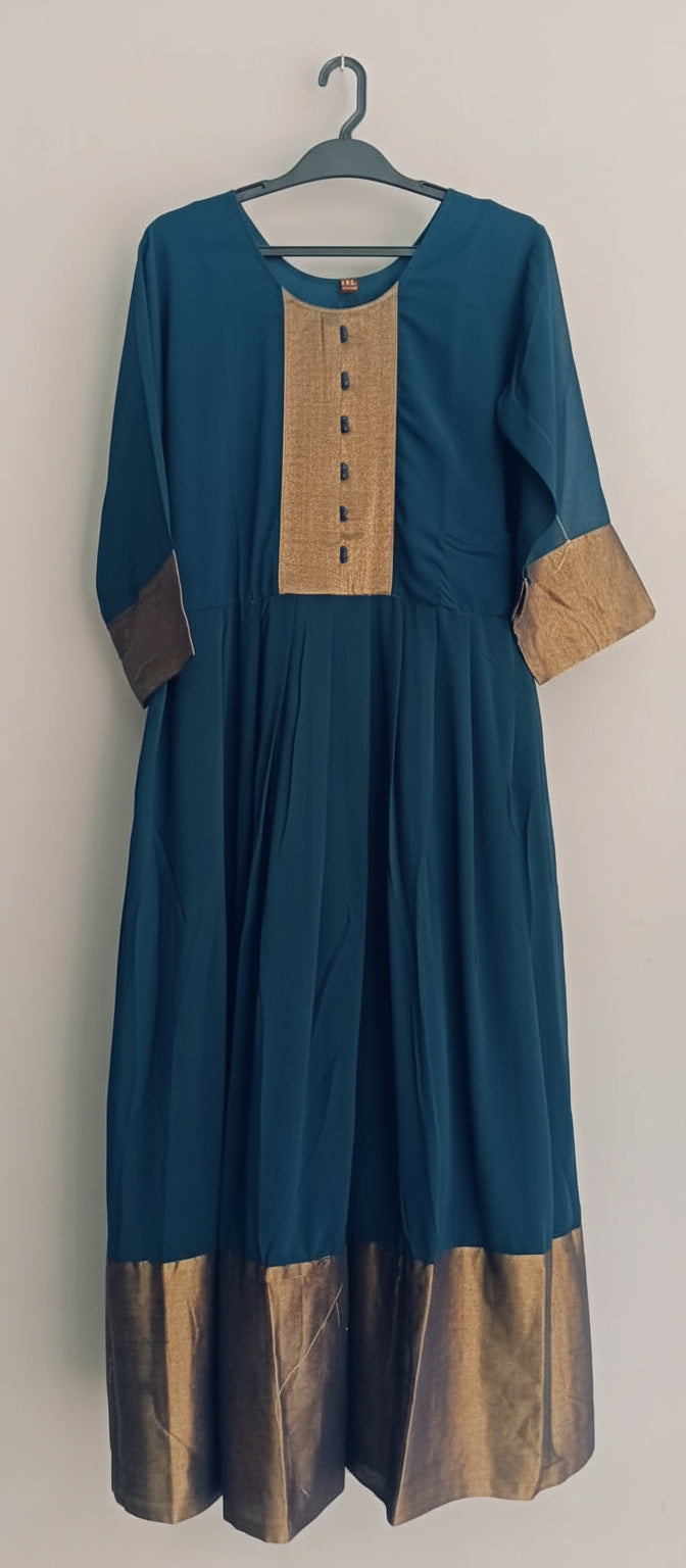 Navy blue Georgette umbrella long gown for women with golden border design