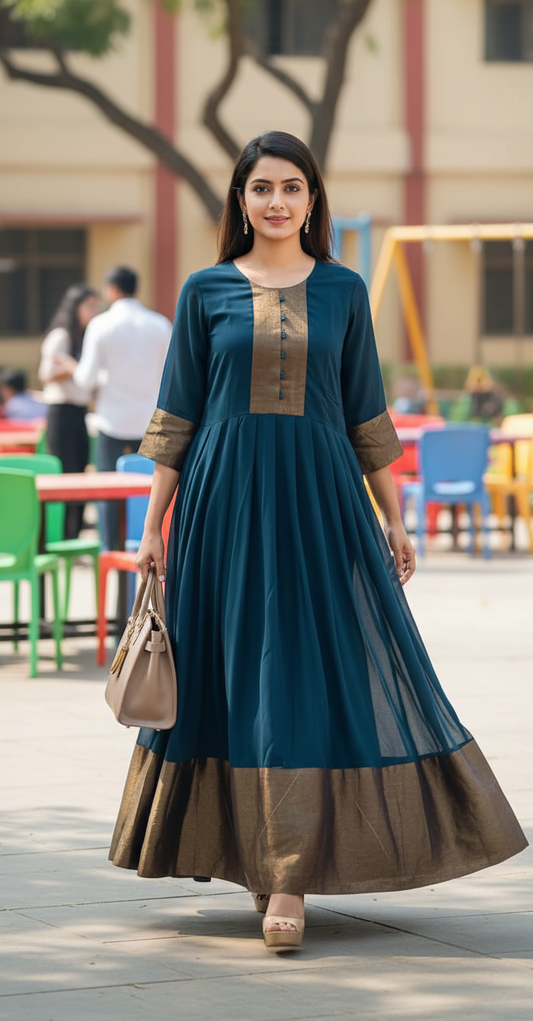 Navy blue Georgette umbrella long gown for women with golden border design