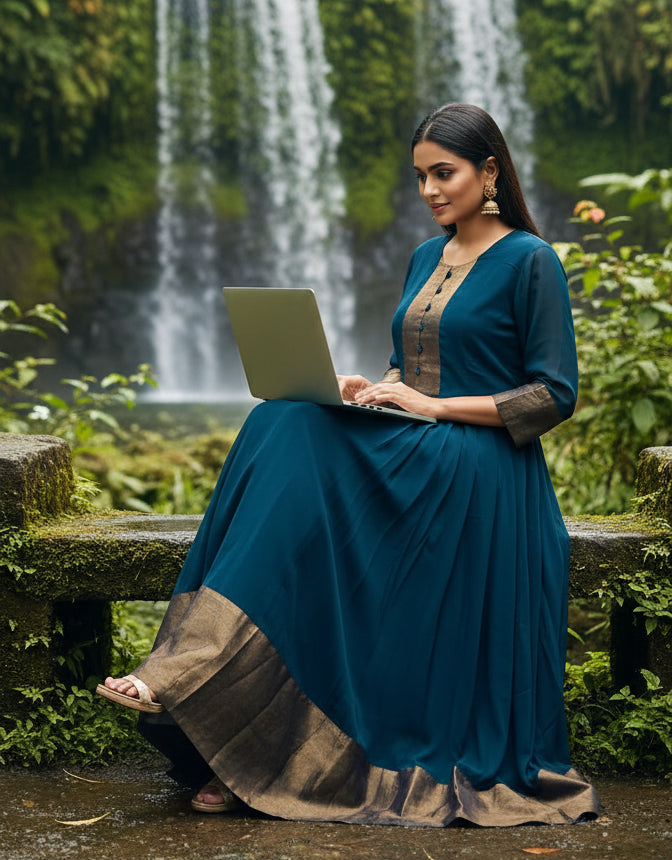 Navy blue Georgette umbrella long gown for women with golden border design