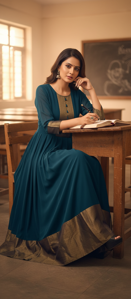 Navy Blue Umbrella Long Gown with Golden Border