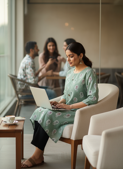 Woman using a laptop in a modern cafe setting with other patrons in the background.