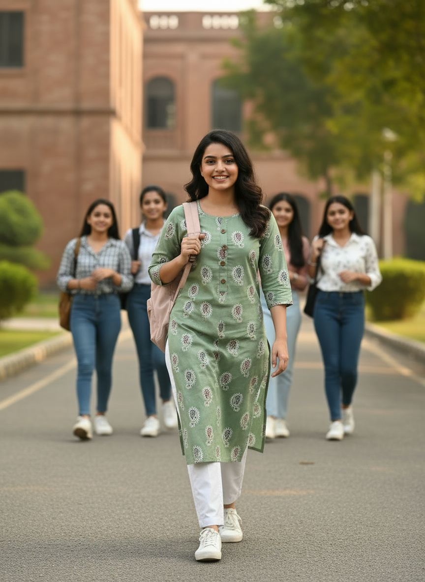 Woman in a green patterned outfit walking on a path with other people in the background.