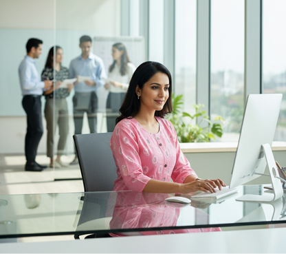 Woman in a pink outfit working at a desk with colleagues in the background