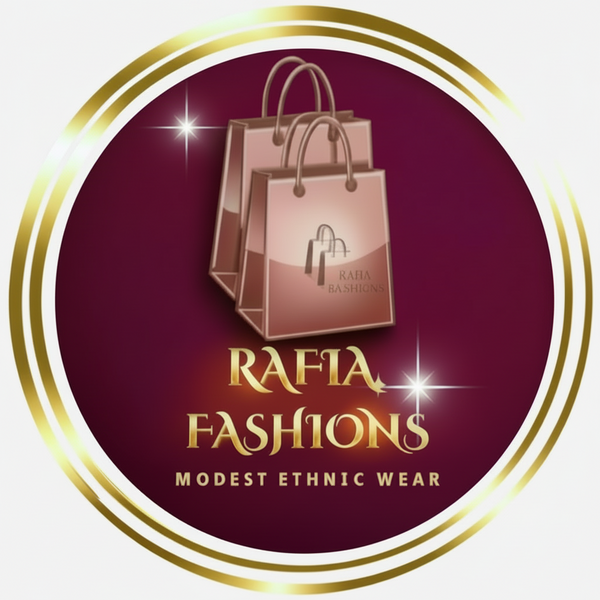Logo of Rafia Fashions with shopping bags on a Maroon background