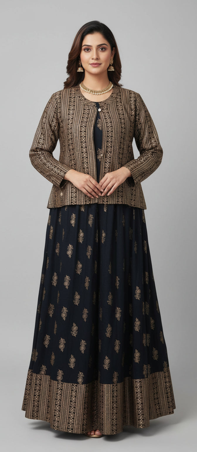 Black sleeveless umbrella gown with golden printed coat set for women