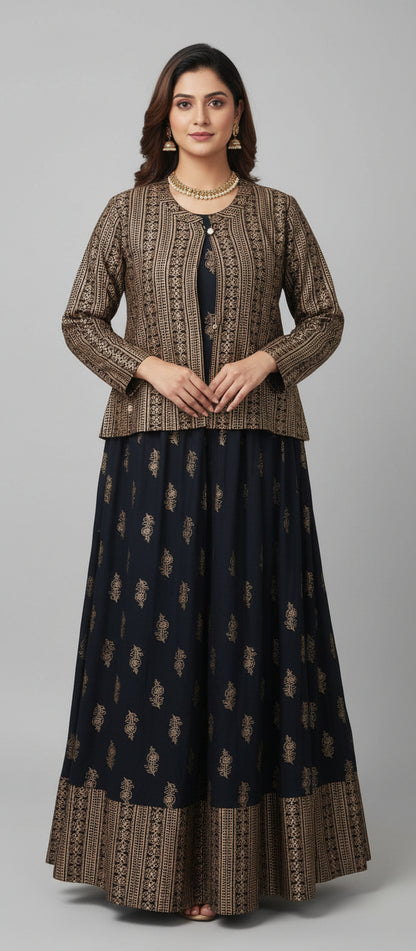 Black sleeveless umbrella gown with golden printed coat set for women