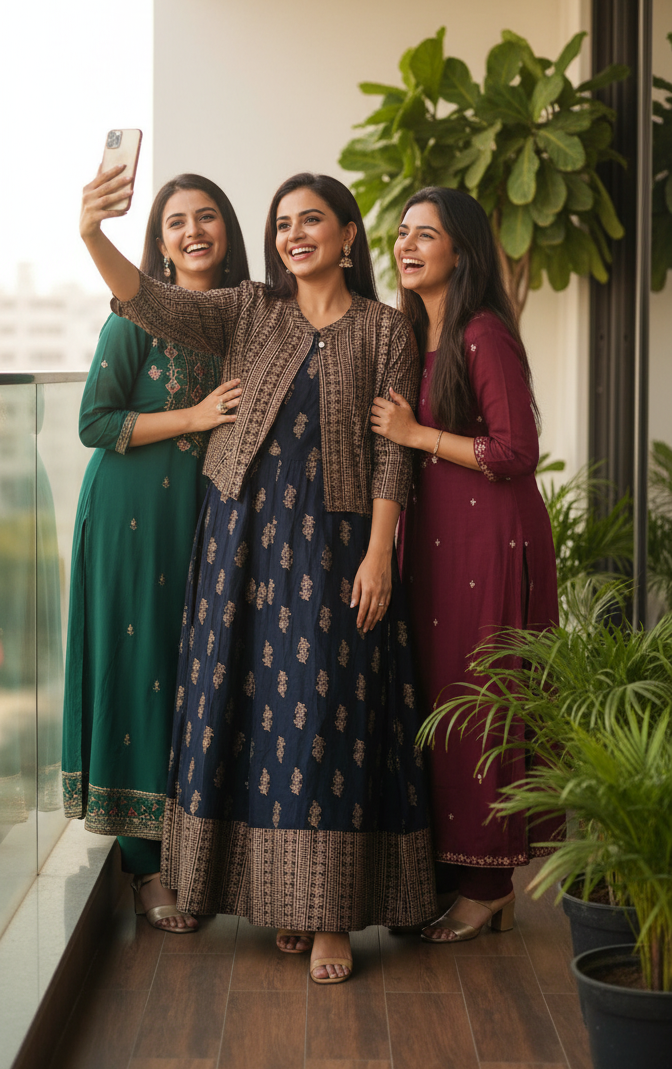 Black sleeveless umbrella gown with golden printed coat set for women