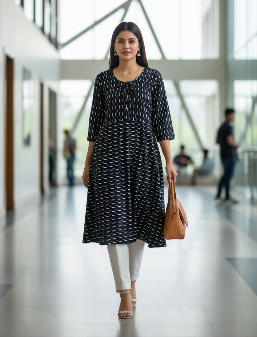 Woman in a black patterned dress standing in a modern building hallway.