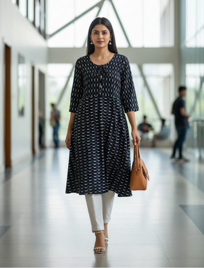 Woman in a black patterned dress standing in a modern building hallway.