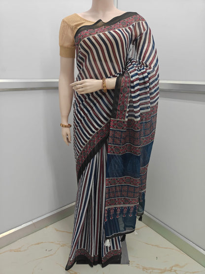 Lightweight Linen Cotton Saree for office and daily wear – soft breathable fabric-Saree with striped pattern on a mannequin against a plain background