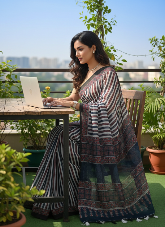 Lightweight Linen Cotton Saree for office and daily wear – soft breathable fabric-Woman in a saree using a laptop on a rooftop with plants around