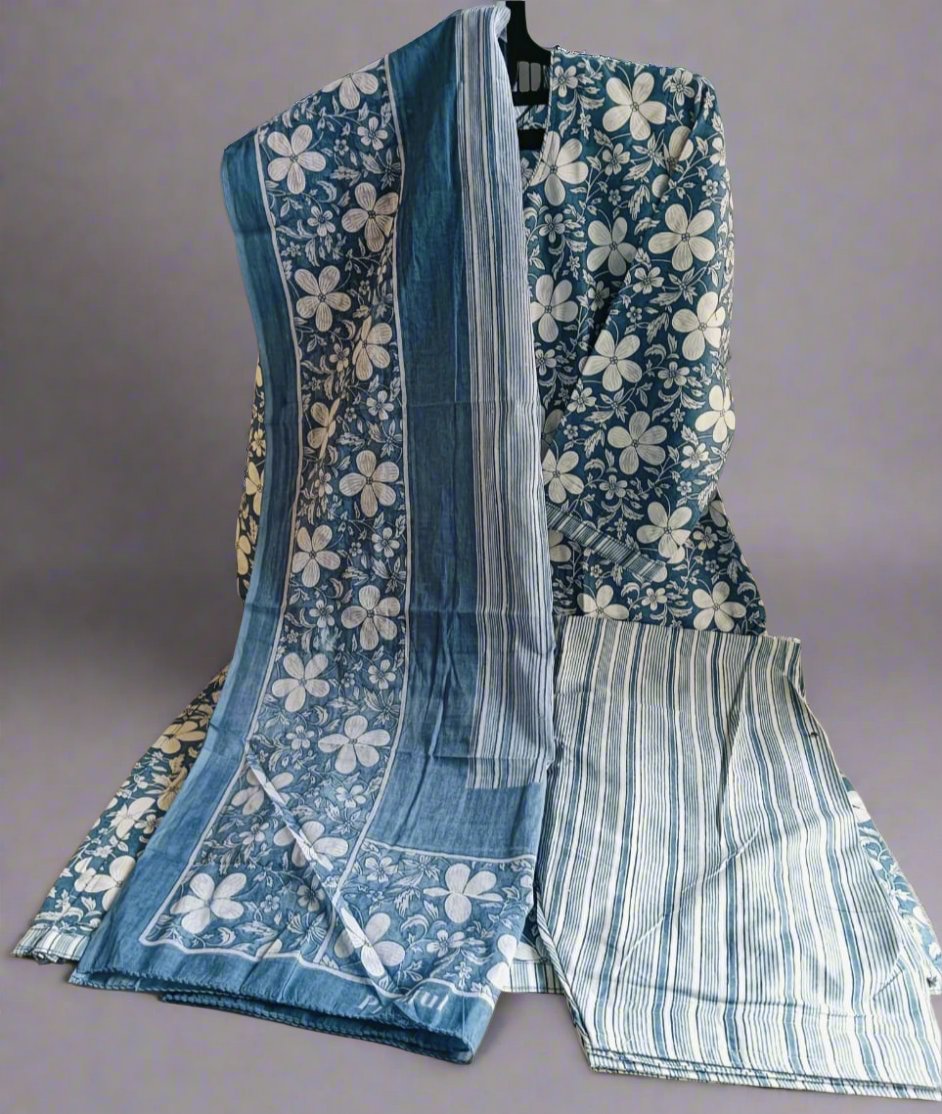 Pranjul Cotton 3pc set - Floral Blue white combination - Floral Top, Blue & White lines Design Bottom with Floral Dupatta