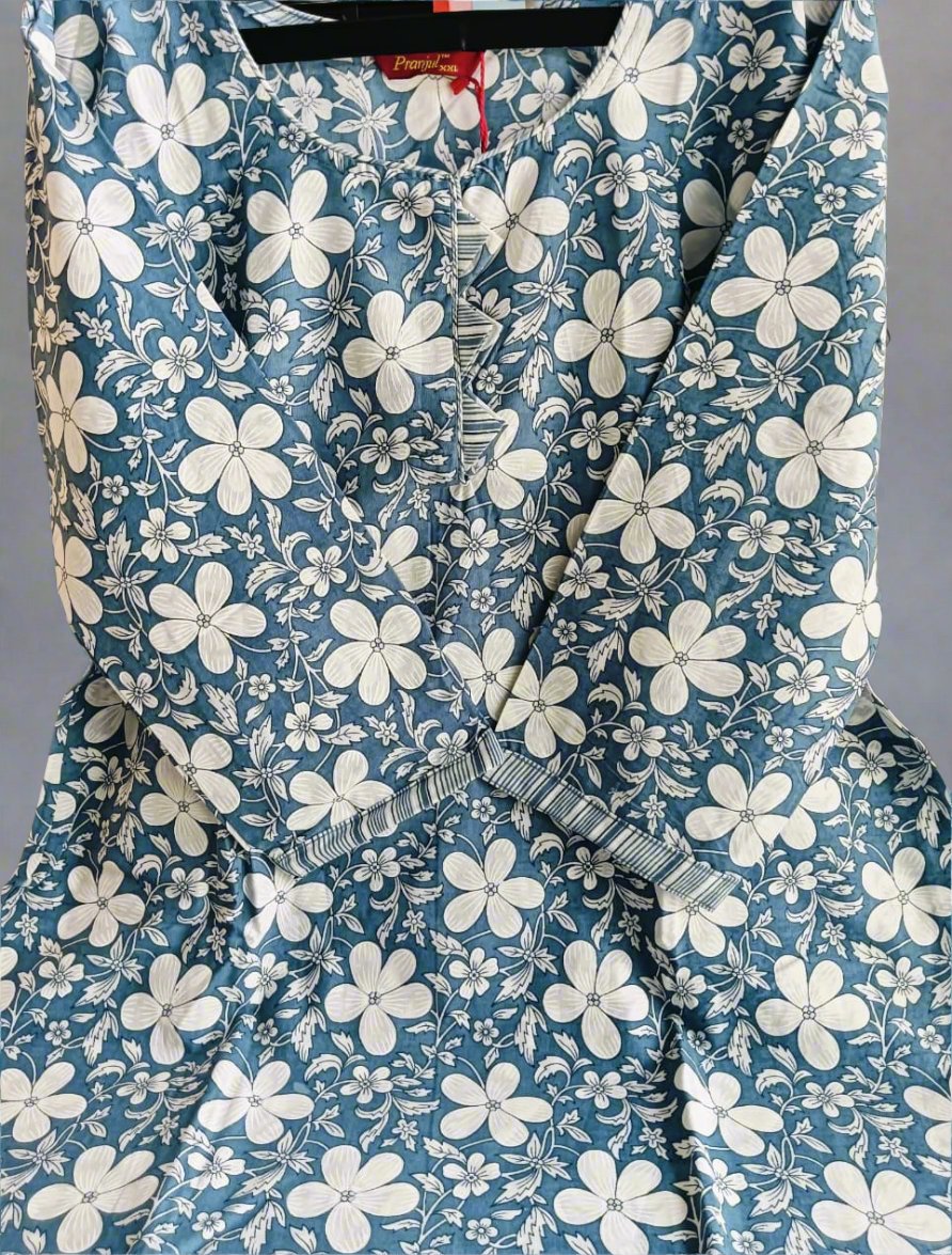 Pranjul Cotton 3pc set - Floral Blue white combination - Floral Top, Blue & White lines Design Bottom with Floral Dupatta