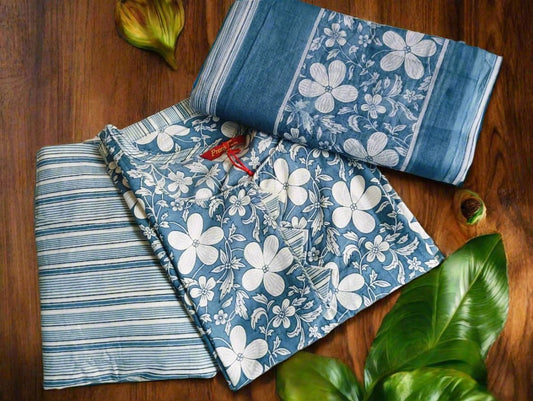 Pranjul Cotton 3pc set - Floral Blue white combination - Floral Top, Blue & White lines Design Bottom with Floral Dupatta