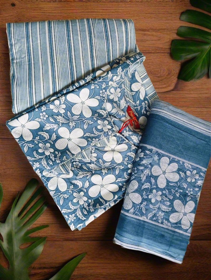 Pranjul Cotton 3pc set - Floral Blue white combination - Floral Top, Blue & White lines Design Bottom with Floral Dupatta