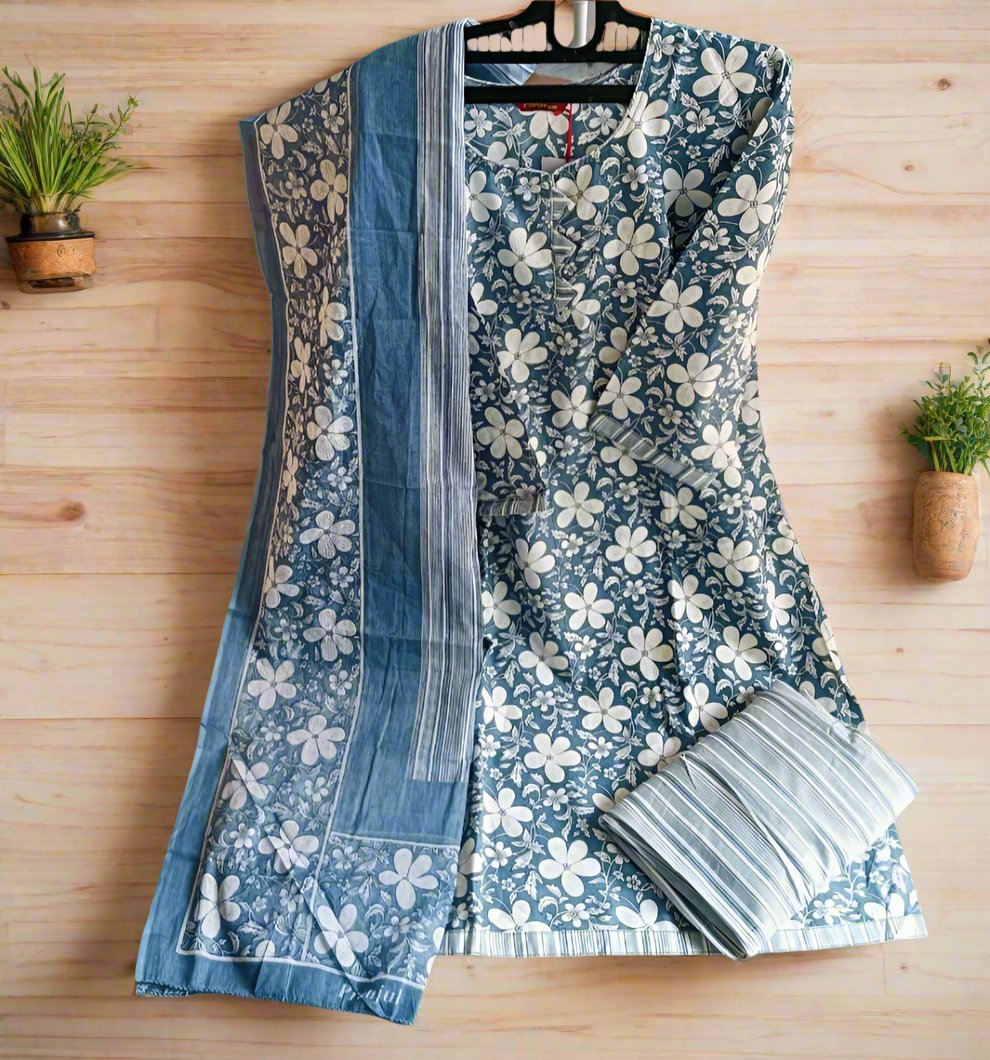 Pranjul Cotton 3pc set - Floral Blue white combination - Floral Top, Blue & White lines Design Bottom with Floral Dupatta