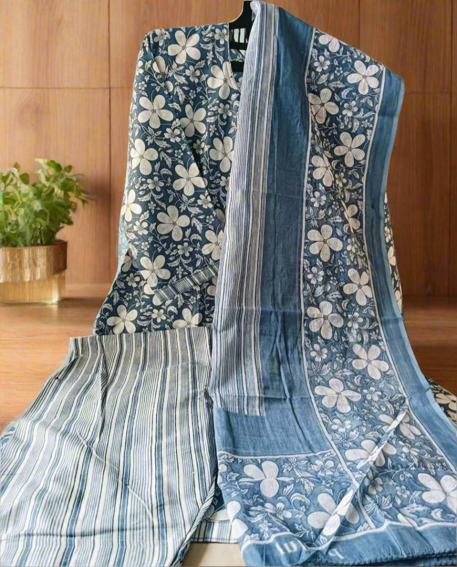 Pranjul Cotton 3pc set - Floral Blue white combination - Floral Top, Blue & White lines Design Bottom with Floral Dupatta