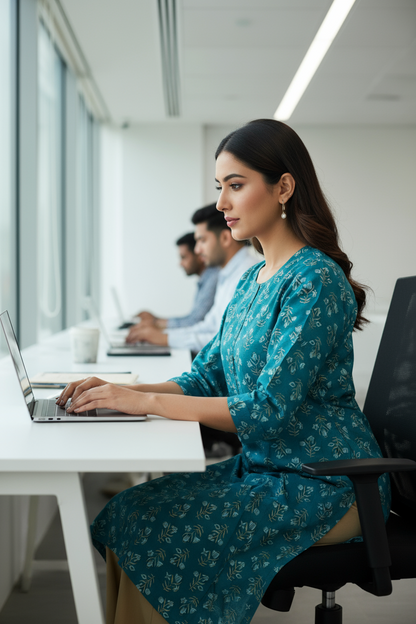 Woman in a blue dress working on a laptop at a desk in an office setting.