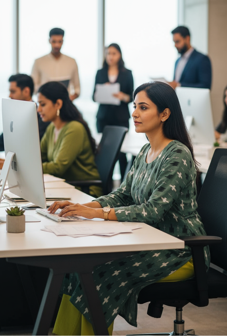 Woman working at a desk in an office with colleagues in the background