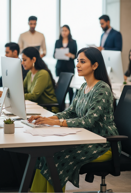 Woman working at a desk in an office with colleagues in the background