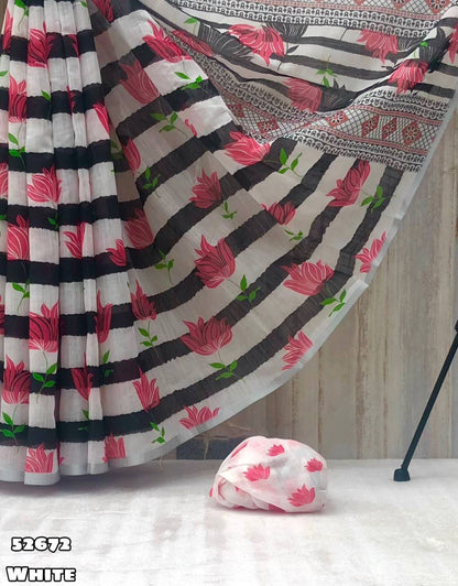 Soft Linen Saree with Black & White Geometrical Floral Digital Print and Silver Zari-Border