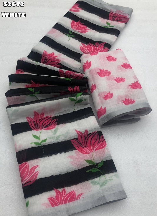 Soft Linen Saree with Black & White Geometrical Floral Digital Print and Silver Zari Border