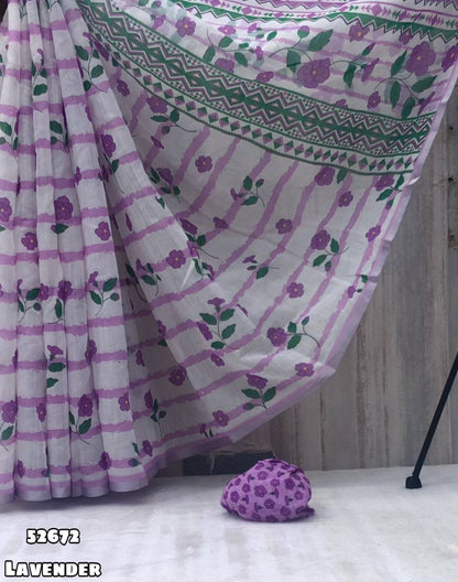 Soft Linen Saree with lavender & White Geometrical Floral Digital Print and Silver Zari-Border